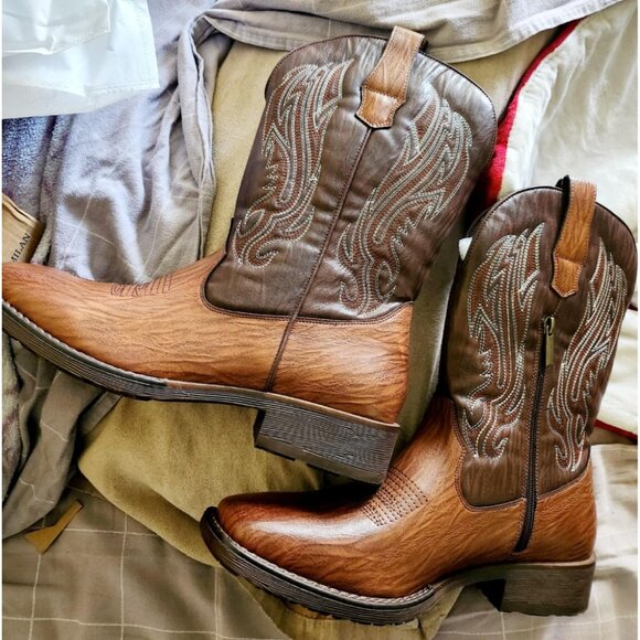 Other - 🆕Jousen Mens Amy8420-brown Embroidery Retro Square Toe Chunky Heeled Boots